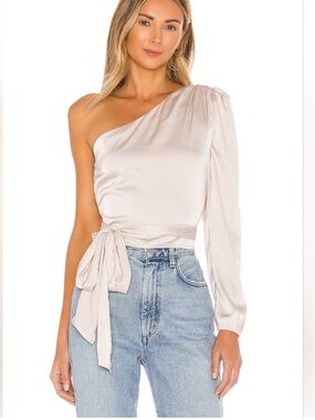 Asymmetrical One-Shoulder Wrap Bandeau Top in Light Beige